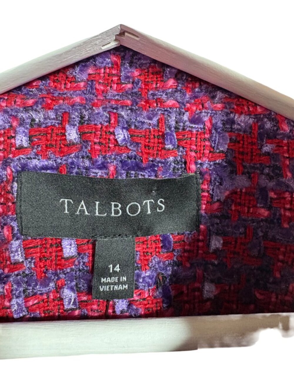 Talbots Tweed Fringe Trim Blazer Jacket Size 14 Purple Red Crest Button NWT - Picture 5 of 8